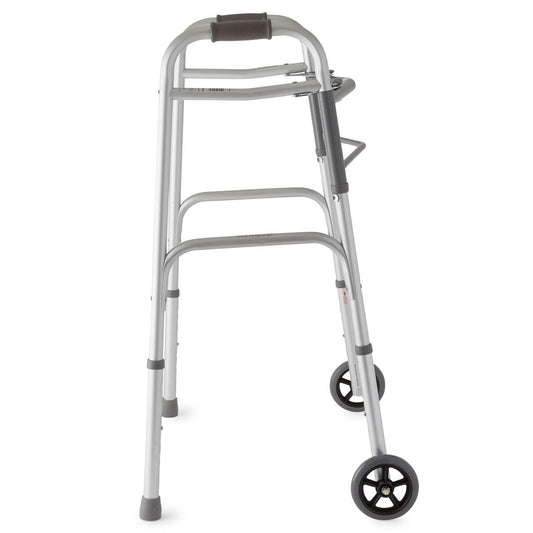 Medline 2-Button Folding Walker with 5" Wheels, Aluminum