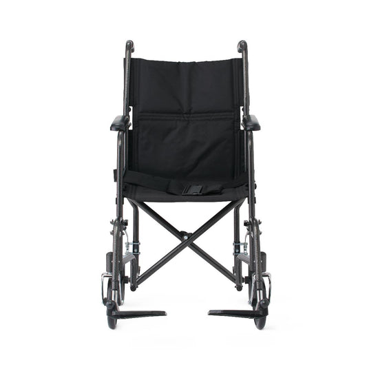 Medline Basic Steel Transport Chair with Permanent Full-Length Arms and Swing-Away Footrests, 250 lb. Capacity, 19" Wide, Black